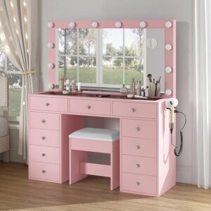 11 Drawers Vanity Desk with Power Outlet, Makeup Vanity with Mirror and 12 LED Lights, 3 Lighting Modes, Glass Top, Dressing Table for Bedroom, Pink